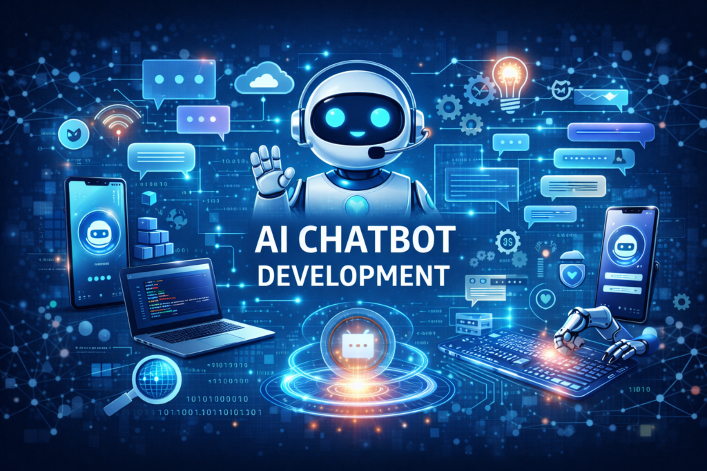 AI Chatbot Development with smart chatbot robot, messaging interface, and automated customer support system