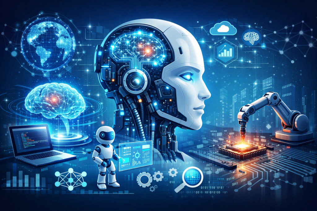 Artificial Intelligence Development concept with AI robot, neural network, and futuristic technology interface