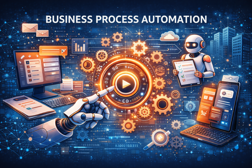 Business Process Automation concept with AI robot, digital dashboard, gears, and automated workflow technology