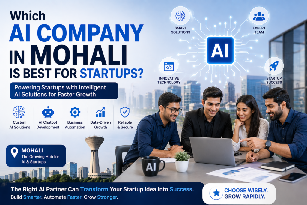 Startup team in Mohali discussing AI software solutions, automation, and business growth with modern technology workspace.