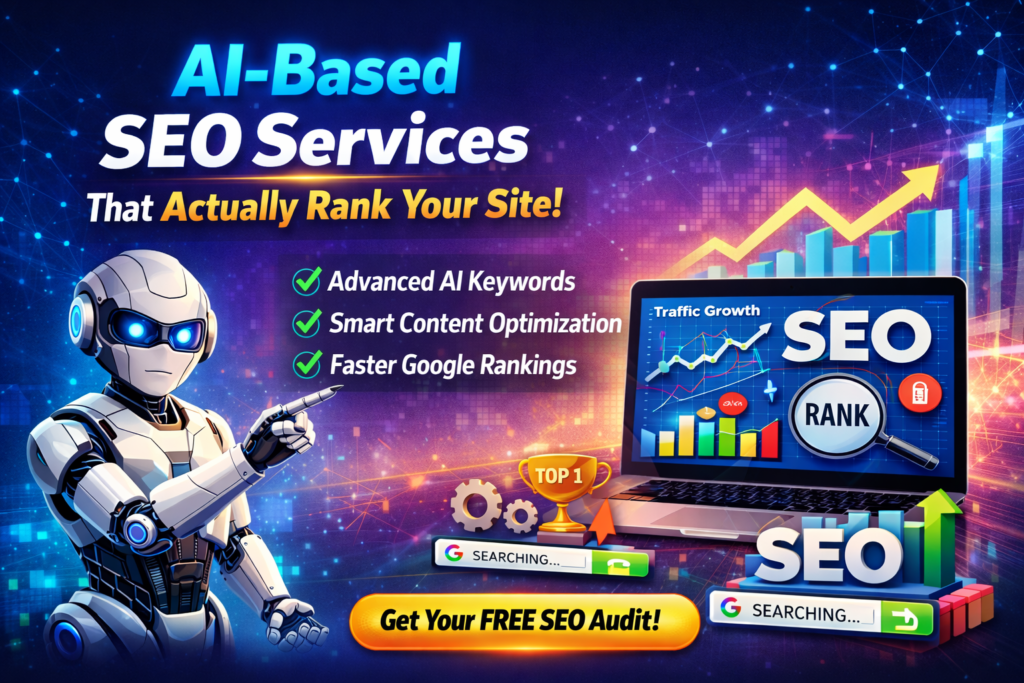 AI-based SEO services illustration showing robot, Google ranking growth chart, and digital marketing analytics dashboard.