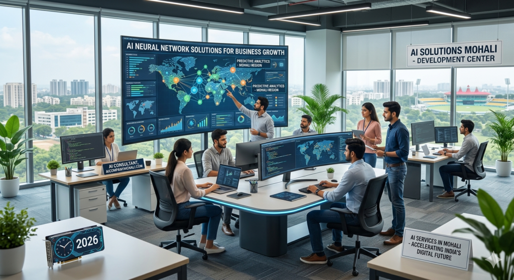 A professional team works in a modern Mohali office providing AI services, including neural networks, machine learning, and business data analytics for digital transformation.