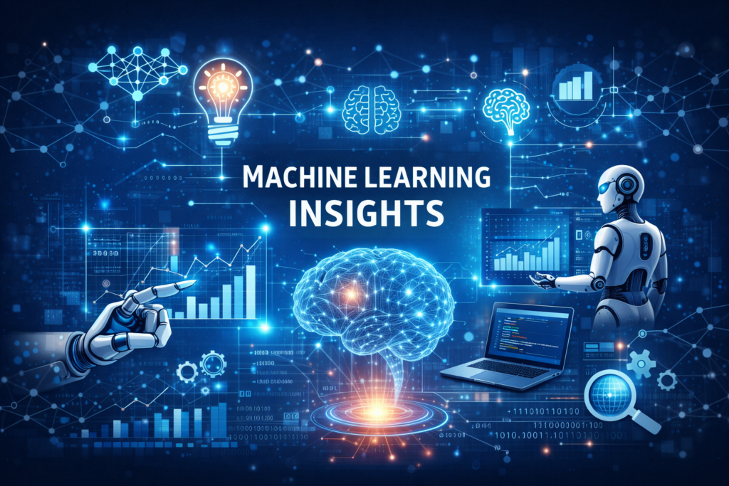 Machine Learning Insights concept with AI brain, data analytics dashboard, and neural network technology