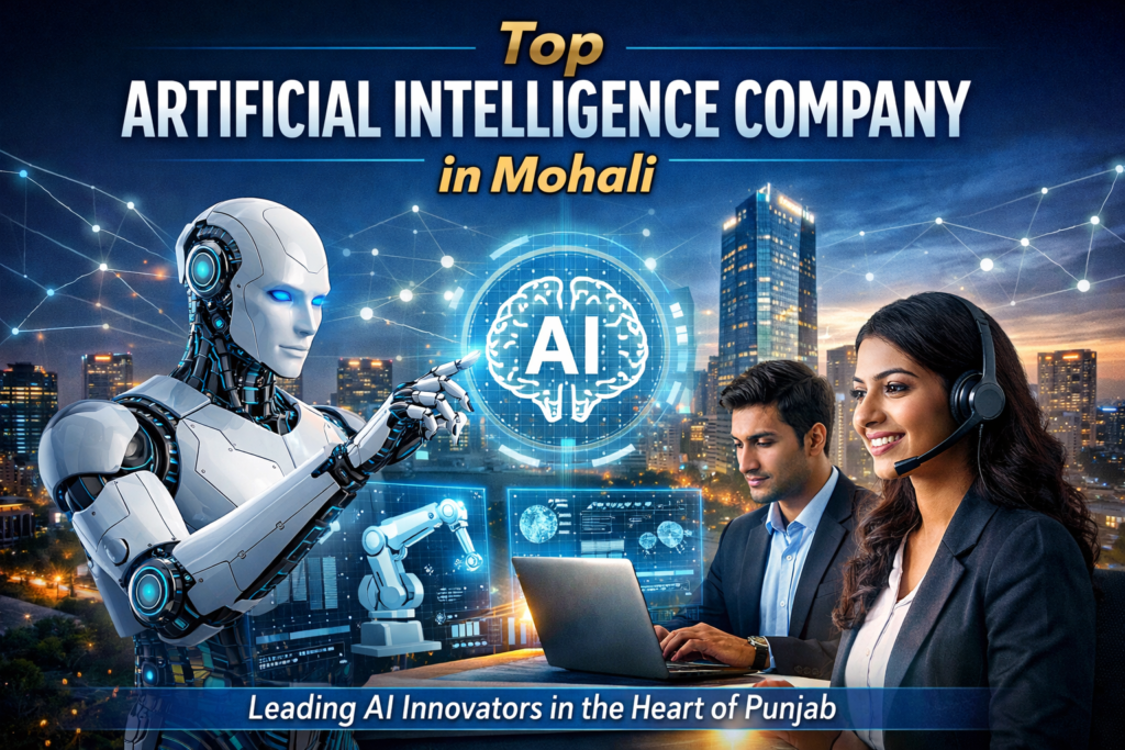 Futuristic artificial intelligence company in Mohali with robot technology, developers working on laptops, and digital AI interface in a smart city environment.