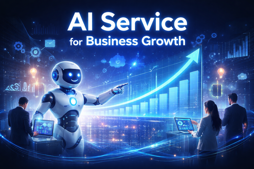 AI service for business growth showing automation, data analytics, and digital transformation for companies