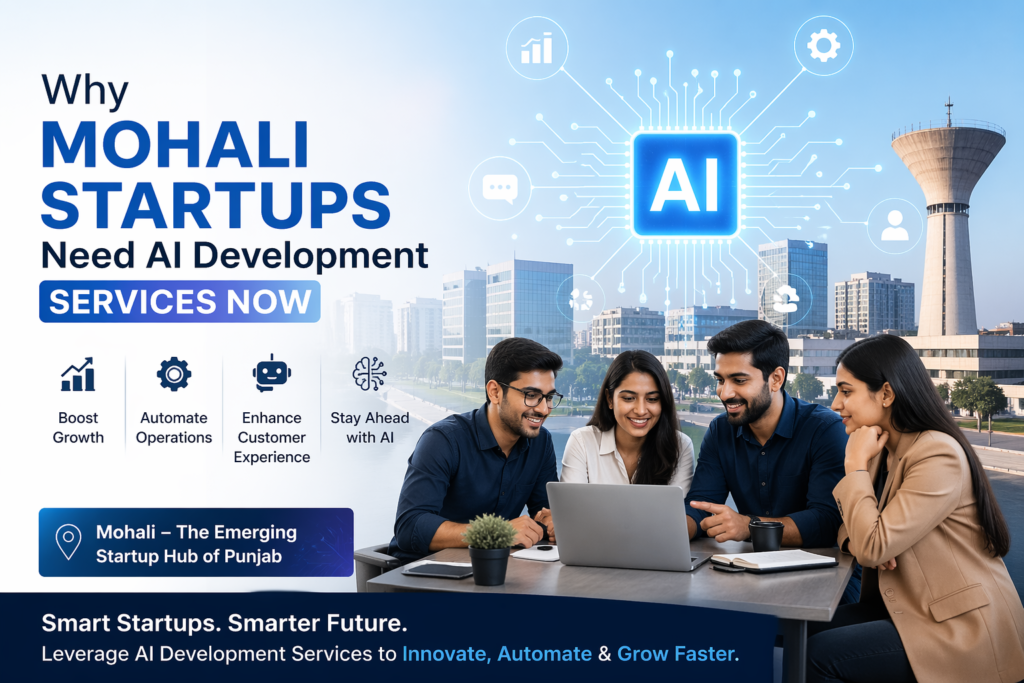 Business team in Mohali office using AI technology for startup growth, automation, and digital transformation services.