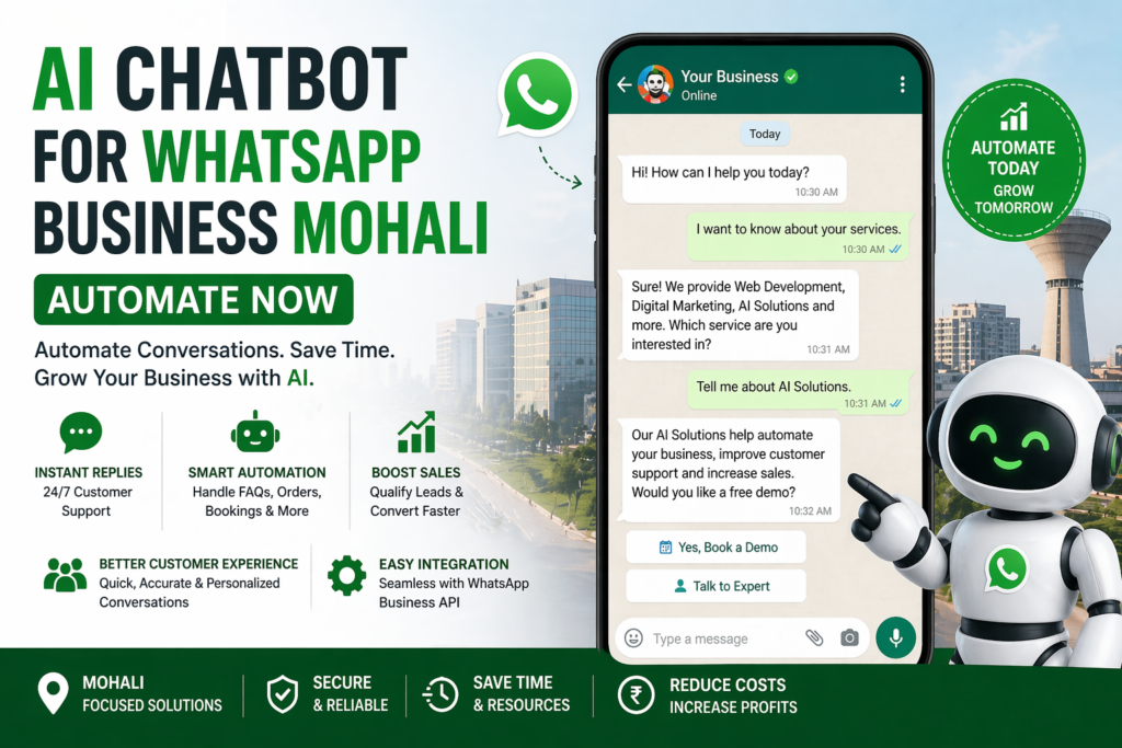 AI chatbot for WhatsApp Business in Mohali helping businesses automate replies, customer support, and lead generation.