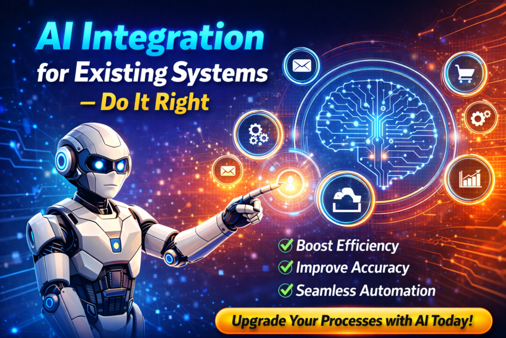 AI integration for existing systems helping businesses automate processes, improve efficiency, and enhance performance with smart AI solutions
