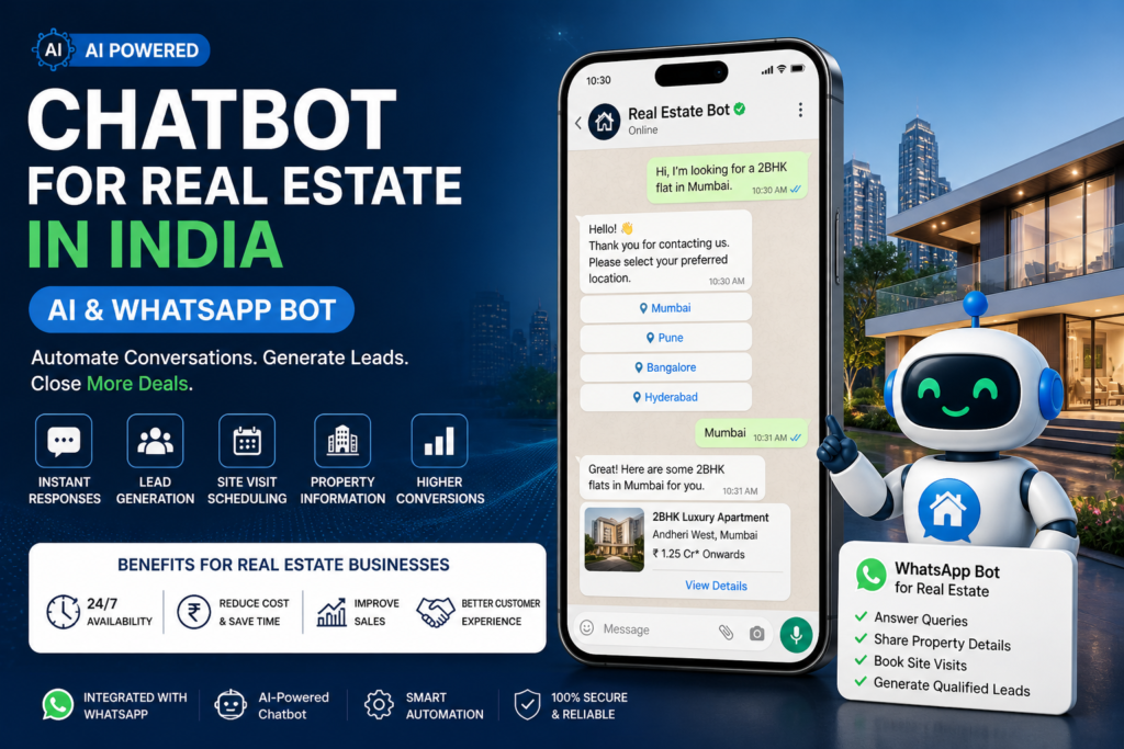 AI chatbot for real estate in India using WhatsApp automation for lead generation, customer support, and property inquiries