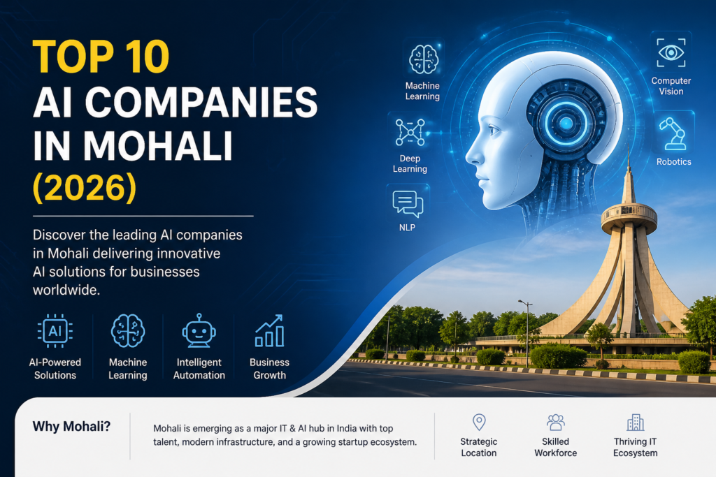 Top 10 AI companies in Mohali 2026 showcasing artificial intelligence, machine learning, NLP, robotics, and business growth solutions