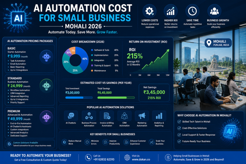 AI automation cost for small business in Mohali 2026 showing pricing, ROI, and automation tools for business growth