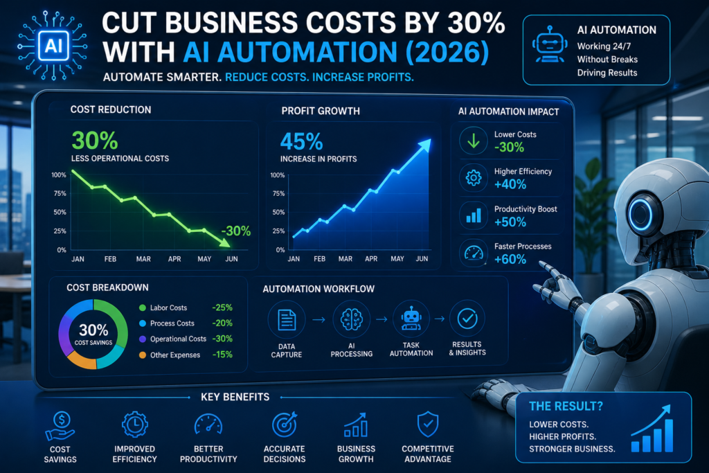 AI automation reducing business costs by 30 percent showing workflow automation, cost savings, and business efficiency