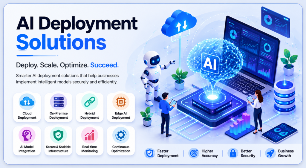 AI Deployment Solutions illustration showing cloud deployment, AI model integration, real-time monitoring, edge AI infrastructure, and scalable enterprise AI implementation for business growth.