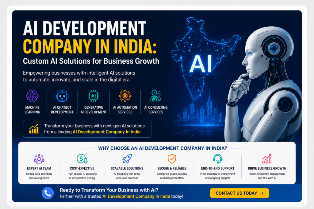 AI Development Company In India providing custom AI solutions, machine learning development, generative AI, AI chatbot development, automation services, and AI consulting for business growth in 2026.