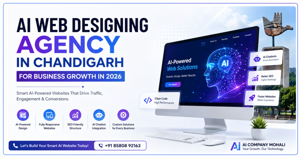AI Web Designing Agency in Chandigarh promotional banner featuring AI-powered website solutions, responsive web design, SEO optimization, chatbot integration, and business growth services with a modern digital interface and Chandigarh landmark backdrop.