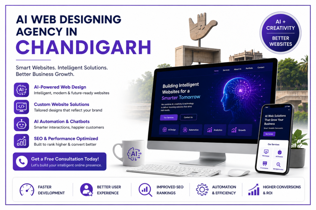 AI Web Designing Agency in Chandigarh showcasing AI-powered website design, custom web solutions, SEO optimization, automation tools, and responsive business websites.