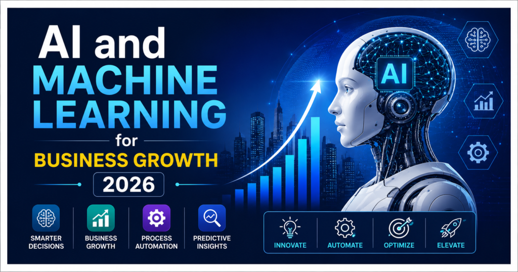 AI and Machine Learning for Business Growth 2026 banner featuring a futuristic AI robot, digital neural networks, business growth chart, automation icons, predictive analytics, and modern artificial intelligence technology concepts.